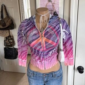 Y2K 2000s justice Rhinestone Peace Sign Zebra Print Zip Hoodie McBling